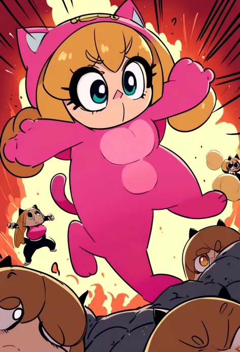 Adult Powerpuff Girls. Cat Costume. Battle in the volcano. A crazy monkey is hitting them  