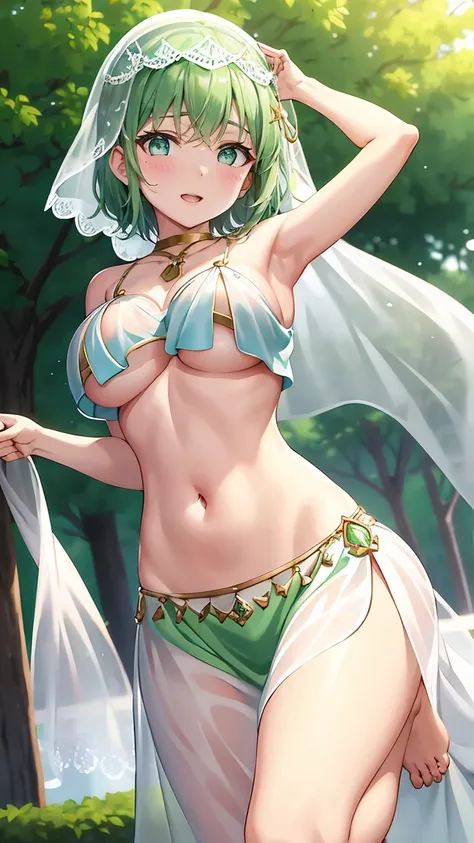 Girl with short green hair, Small breasts, Green Eyes, White Casual Wear Beauty Special、((((tits)))),Full body photo from head to toe、Belly dance、Dancer、National costume、See-through、Angle Shot、Decoration、Luxury accessories、Face Veil、Dancing by rotating on ...