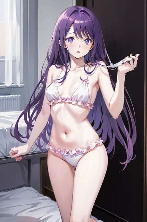 small breasts、on the bed、light purple hair、semi-long hair、pale purple eyes、、looks like she&#39;s about to cum、glamorous expressi...