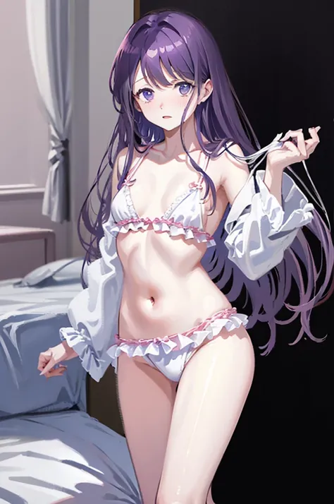 Small breasts、On the bed、Light purple hair、Semi-long hair、Pale purple eyes、、Looks like she&#39;s about to cum、Glamorous expression、Blushing、In underwear、可愛いIn underwear、Undressing、、Bedroom、On the bed、M-shaped legs、Random pose,Show your pants、Light purple h...