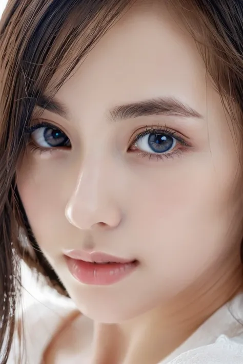 (((32ｋ,high details,high detail、masterpiece,attention to detail,alone))),Raw photo & realistic atmosphere,beautiful dark blue eyes,detailed mouth,glossy lips,thin eyebrows,fine eyes、Soft white skin that shines in every detail、Her deep black eyes are very b...