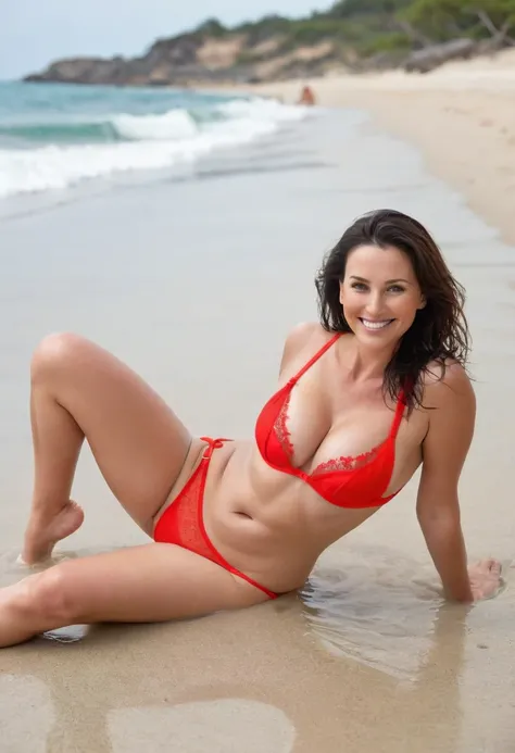 A beautiful 40-year-old big breasted woman wearing a snug-fitting bright red see-through bikini panty. with a plunging neckline, smile. whole body. bathing in a beautiful sea. Lying on the beach face up. camel toe