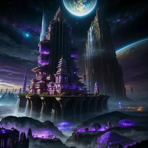 A huge fantastical sci-fi city, aether city, floating aerial metropolis,Skyscrapers、Huge construction，Super huge waterfall，Super huge temple，Super huge torii，mysterious，Fantasy， towering skyscrapers, massive waterfall, celestial planets in the sky, surroun...