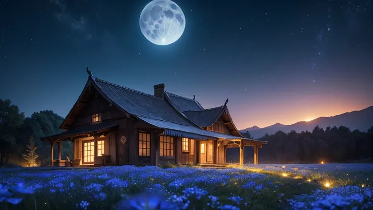 disused unmanned small old train station and line on the glowing nemophila flowers hill, under a night sky with a full moon, ethereal blue-tinted world, fantasy, highly detailed, 8k, (best quality,4k,8k,highres,masterpiece:1.2),ultra-detailed,(realistic,ph...