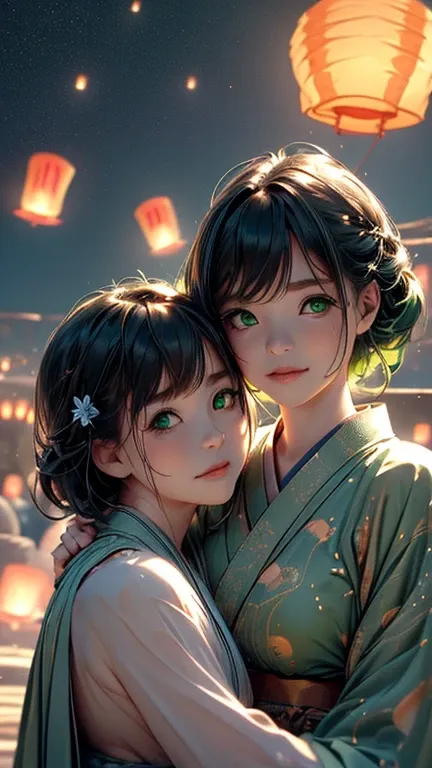 nsfw, Masterpiece, top quality, highly detailed, (Photorealistic style:1.4), Chiaroscuro style, backlighting, 2 girls, A lesbian couple in yukata, (Hug from behind, and put hand on naked bust, bust shot:1.6), looking at the camera with a smile, (A close-up...