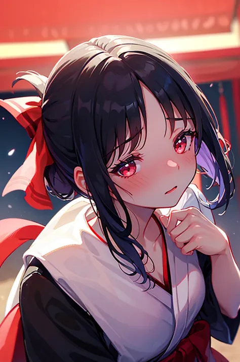 、undressing、acme face、random pose、summer festival、night sky、nsfw、yukata、black hair、red ribbon、pale red eyes、summer festival、nigh...