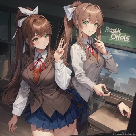 monika, green eyes, very long hair, ponytail, white bow, blazer, brown sweater, collared shirt, neck ribbon, blue skirt, 2girls, heart eyes, smile, lustful gaze, holding chin, blush, classroom