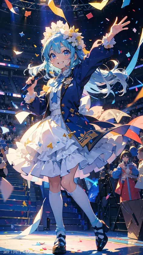 (Pieces fly), (Highest quality), Very detailed, ((1 Girl)), Solo full body shot，Low Angle，dynamic，Jump，((smile))，Perfect Face, Beautiful Face, Very detailedな顔，(Light blue long hair_blue eyes:1.3)，Idol Costumes，The only idol，Ribbon hair ornament，Concert Dom...