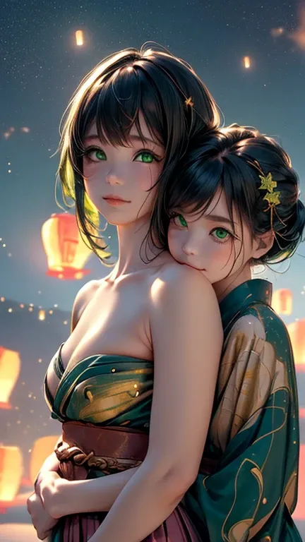 nsfw, Masterpiece, top quality, highly detailed, (Photorealistic style:1.4), Chiaroscuro style, backlighting, 2 girls, A lesbian couple in yukata, (Hug from behind, and put hand on naked bust, bust shot:1.6), looking at the camera with a smile, (A close-up...