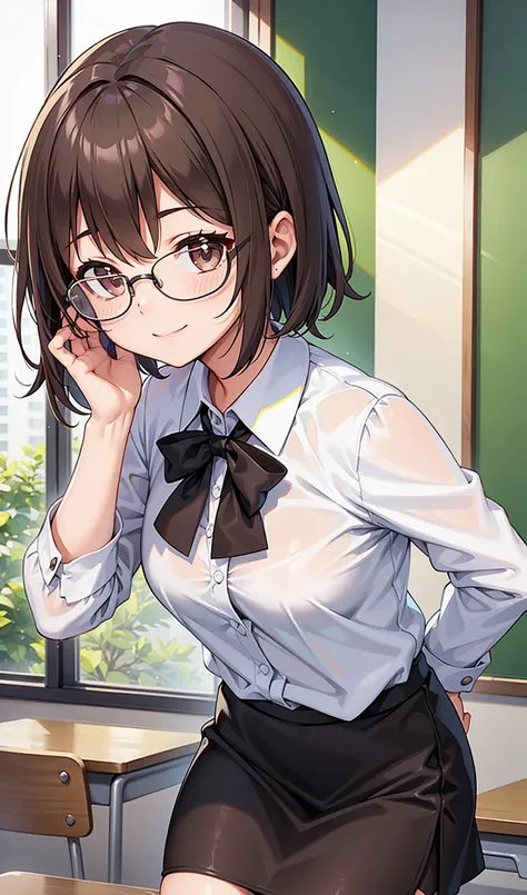 (One girl)、smile、Glasses、turn around、teacher、gentlemen、blouse、Tight Skirt、Classroom Dark Brown Short Hair、Dark brown eyes