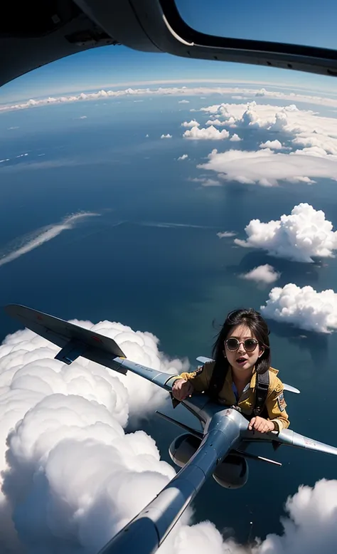 (Piece Fly), (Very detailed), (masterpiece), one example, (女飞行员在侦察机Inside the cockpit), (airplane cockpit), (In flight), (10,000 feet above sea level)、(Sky Landscape)、(Above the clouds)、(Radar), (Practical), (Wearing aviators&#39;uniform), (Hold the joysti...