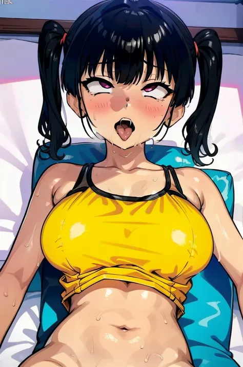 ahegao をする sasaki kanna, Yellow Tank Top, Underboob, Sweat, Black hair twin tails, Big Breasts