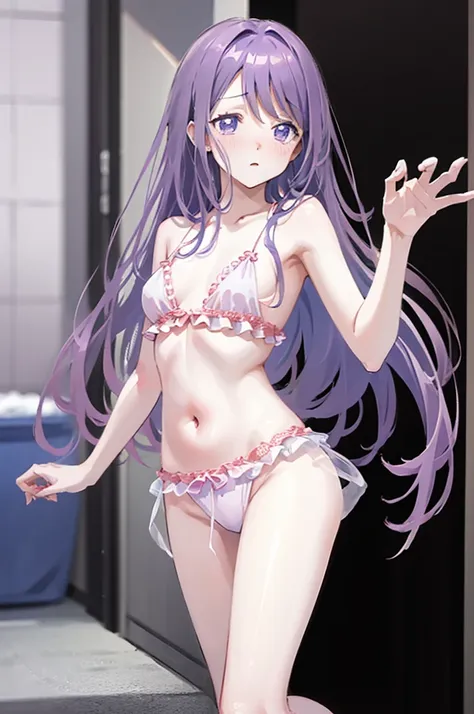 small breasts、light purple hair、semi-long hair、pale purple eyes、blushing、m-shaped legs、random pose、looks like she&#39;s about to...