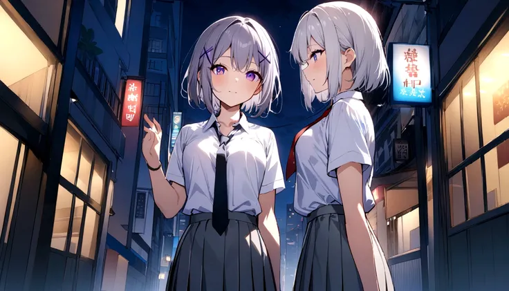 short hair, (Gray Hair:1.2), X Hair Ornament, Purple eyes,tie, girl,One person, Collared shirt, White shirt, Short sleeve, Pleated skirt, student, Highest quality, masterpiece, High resolution, summer,night、the way、City、