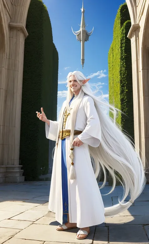 Male elf, old, (long white hair:1.3), white mage robes, smiling, standing in a palace, blue sky in background 