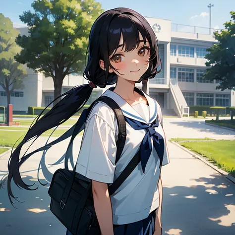 1girl, standing, gentle smile, 15yo, head tilt,
school building on the back,
(low twintails girl), low pigtails, black hair, very long hair,
serafuku with blue ribbon, navy-blue collar,
(brown eye), 1 student bag on right shoulder,
afternoon,
from front,
4...