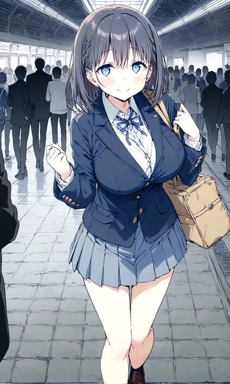 tawawa on monday,ai-chan,big breasts,blue blazer,high school girl,whole body,smile,blush,station,crowd,silhouette,hentai,finely ...