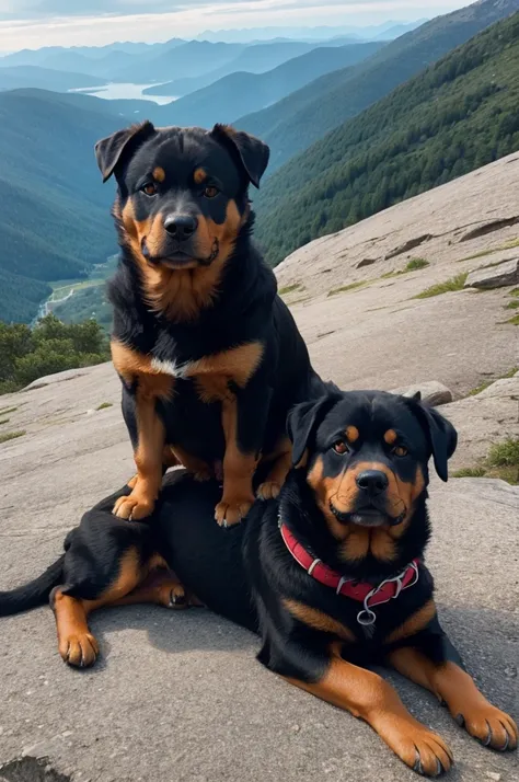 A rottweiler on top of a mountain 