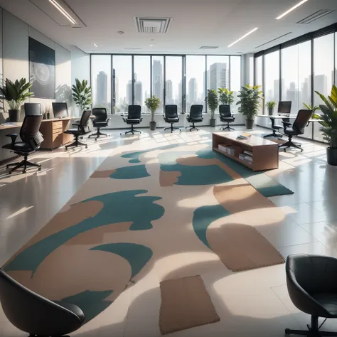 modern office design with sleek lines, glass partitions, and ergonomic furniture, creating a professional and efficient workspac...