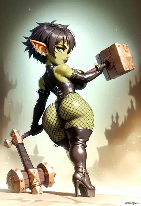 Girl, goblin girl, goblin, green skin, short, short stature,short hair, black hair, large breasts, miniskirt, latex, long gloves, thigh boots, goth, pouty lips, masterpiece, best quality, sexy, dynamic pose, 8k, shortstack, bubble butt, sfw, shiny, fantasy...