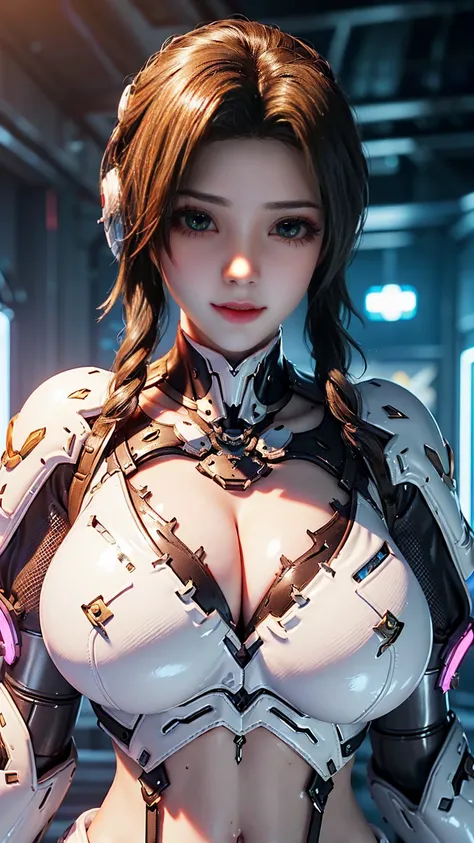 Solo, Stand Up Straight, Physically-based Rendering, Unreal Engine 5 Render, Jealous, bokeh, (look Half Body:1.5), ((full oiled bodyskin:1.5)), ((cleavage top, Gigantic Breasts:1.5)), (expose muscle Abs:1.4), (big Hips:1.3), ((beautiful Cyborg Woman, Red M...