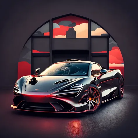 Art for t-shirt graphic design, a modern graphic design, ,McLAREN 720S GT3 ((carbon fiber, Kit de corpo ultra largo Liberty walk)), Aggressive pose ((fund: outside old industrial style building, large windows in fund, cloudy sky, heavy industrial look, cob...