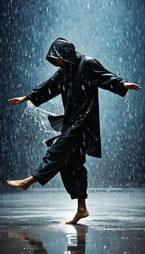 Soul Dancer Mark,A homeless man dancing alone in the rain，soul，Barefoot，Loose and worn clothes，Professional ballet movements，Fingertips 1 butterfly，Very contagious，Splash，Light and Shadow，Minimalism，artistic conception，Clean background