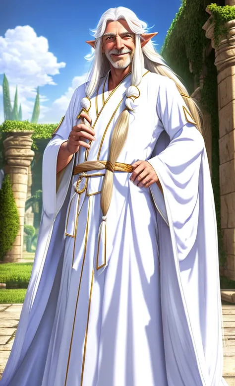 Male elf, old, beautiful, exalted, (long white hair:1.3), white mage robes, smiling, standing in a palace, blue sky in background 