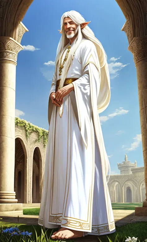 Male elf, old, beautiful, exalted, (long white hair:1.3), white mage robes, smiling, standing in a palace, blue sky in background 