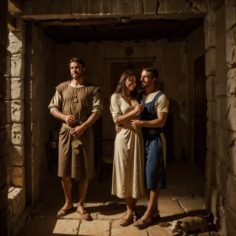 a happy jewish woman holding a coin in an ancient israeli house from the 1st century, a shepherd with a sheep in the background, two men embracing beside them, photorealistic, highly detailed, ultra-realistic, cinematic lighting, warm color tones, dramatic...