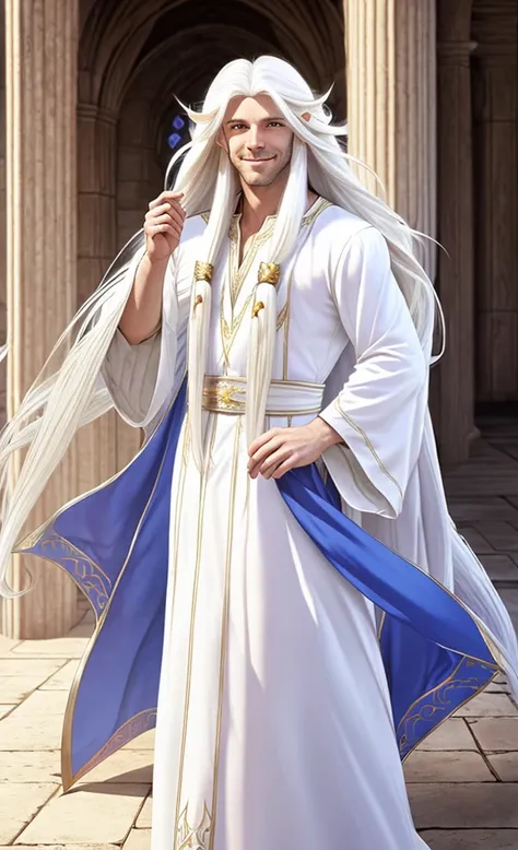 Male elf, beautiful, exalted, (long white hair:1.3), white mage robes, smiling, standing in a palace, blue sky in background 