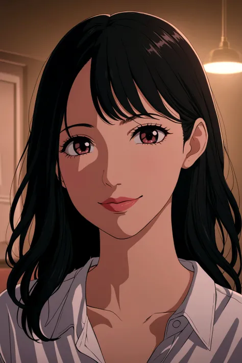 Tokyo revengers screencap of a female Short shoulder-length black hair in front of her hair down to her cheek, round pink, with big lips, and black doe eyes, smiling, Greek nose, wearing a loose button-up shirt. Liden films Graphics