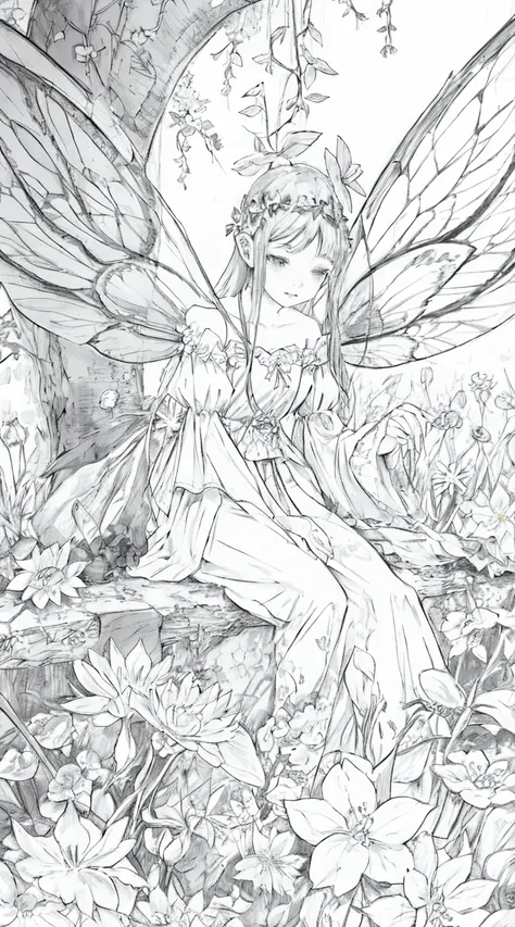 (line art,monochromesketch,pencil drawing,traditional media:0.9), a fairy with dragonfly wings tending to a garden of luminous f...