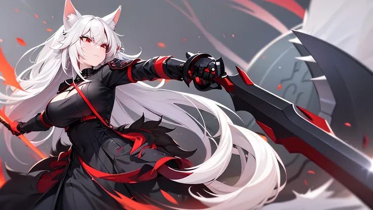 An adult woman half fox and wolf, wide breasts, red eyes, white hair, very angry, in a black little open dress, holding a sword