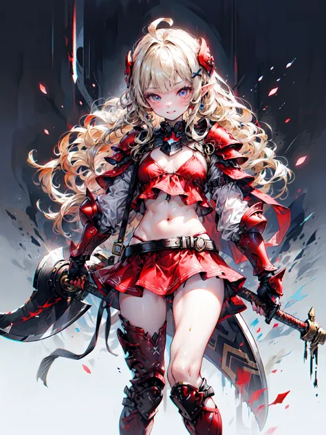 Very detailed、Highest quality、Best image quality、masterpiece、8K、Anime Face、優しいsmile、Open your mouth、Sparkling Blue Eyes、(Blonde wavy hair:1.5)、、Muscles of the whole body、camisole、Thigh belt、mini skirt、(Wearing red bikini armor:1.5)、(Cowboy Shot:1.5)、(foot ...