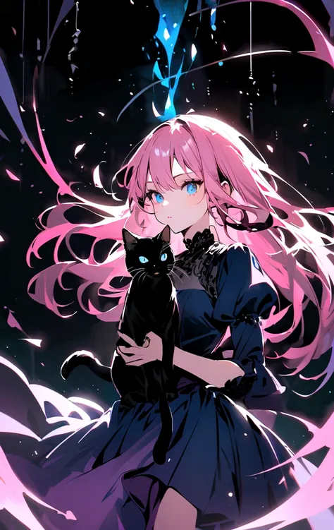 Girl with cat, Black Cat, Pink Hair，Blue Eyes, avatar