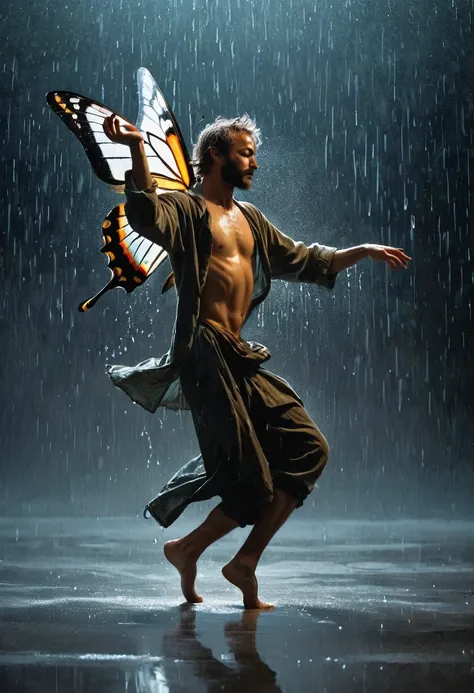 Soul Dancer Mark,A homeless man dancing alone in the rain，soul，Barefoot，Loose and worn clothes，Professional ballet movements，Fingertips 1 butterfly，Very contagious，Splash，Light and Shadow，Minimalism，artistic conception，Clean background