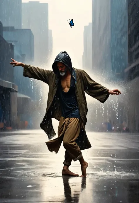 Soul Dancer Mark,A homeless man dancing alone in the rain，soul，Barefoot，Loose and worn clothes，Professional ballet movements，Fingertips 1 butterfly，Very contagious，Splash，Light and Shadow，Minimalism，artistic conception，Clean background