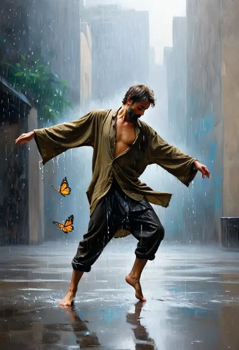 Soul Dancer Mark,A homeless man dancing alone in the rain，soul，Barefoot，Loose and worn clothes，Professional ballet movements，Fingertips 1 butterfly，Very contagious，Splash，Light and Shadow，Minimalism，artistic conception，Clean background