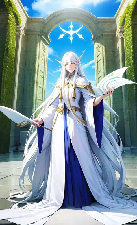 Male elf, beautiful, exalted, (long white hair:1.3), white mage robes, smiling, standing in a palace, blue sky in background 