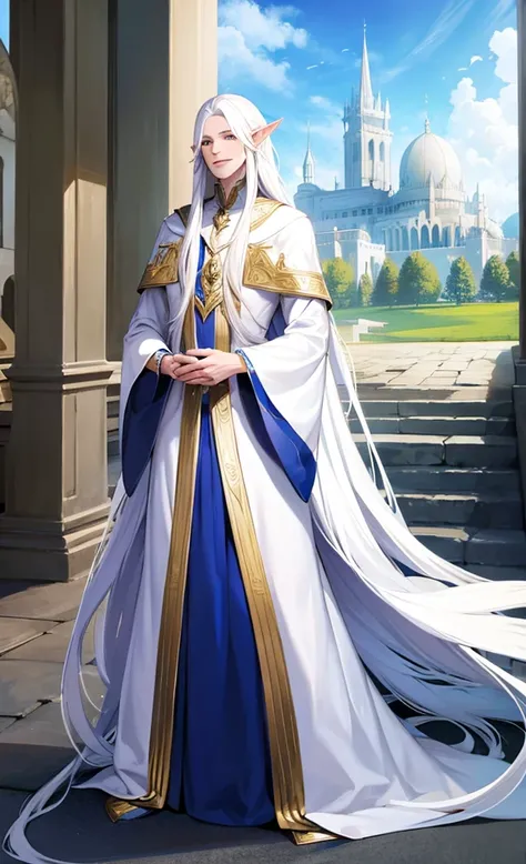 Male elf, beautiful, exalted, (long white hair:1.3), white mage robes, smiling, standing in a palace, blue sky in background 