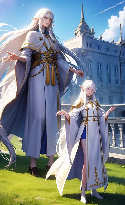 Male elf, beautiful, exalted, (long white hair:1.3), white mage robes, smiling, standing in a palace, blue sky in background 