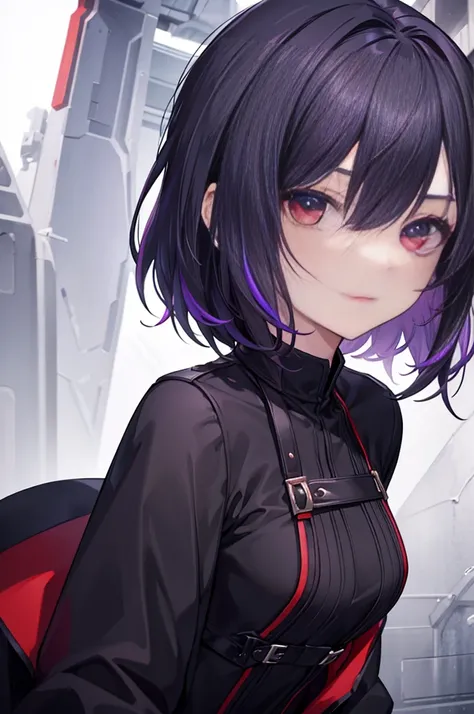 a beautiful girl with violet hair wearing a black dress, extremely detailed facial features, bob haircut, woman wearing a long black and red coat, solo character, white background, anime style, very detailed, photorealistic, 8k, best quality, masterpiece, ...