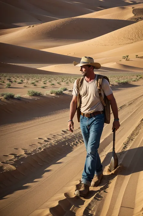 In the desert a poor farmer walking plough in shoulder 