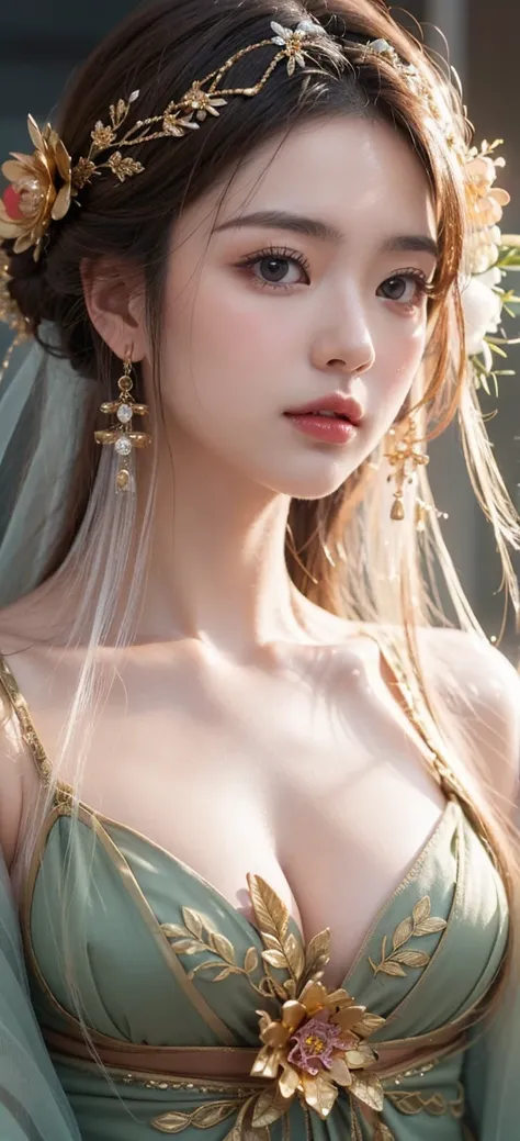 Beautiful Japanese Waifu, brunette hair, golden flowery jewelry on hair, face, neck, breasts