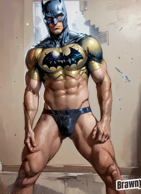 ((Best quality)), (masterpiece), (Super Fine), (illustration), (Detail Light), (Extremely exquisite and beautiful), A man，Batman, bat logo on chest，Dark blue briefs(Strong man：1.2), (Cowboy lens), Standing, The starry sky is decorated with beautiful detail...