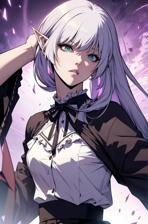 alice vampire purple hair, long hair, green eyes, pointy ears, small breasts white shirt, frills, neck ribbon, black skirt