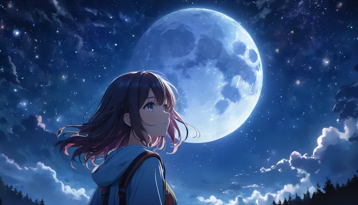 a beautiful detailed girl staring at the starry night sky,detailed night sky with glowing stars,highly detailed anime style,ultr...