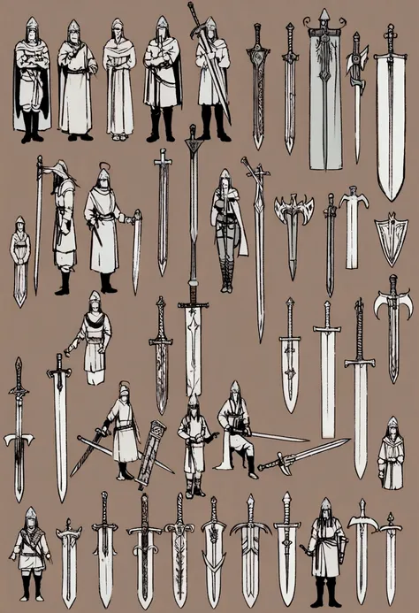 Smart analysis there is a sword resting on a brown surface, light sword, holster sword, two - handed sword, one longsword, Longsword, basic steel sword, greatsword, steel sword, medieval sword, longsword, floret, dagger, curved sword, curved blades in each...