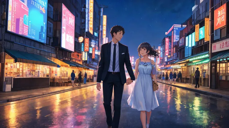 Summer night city background、A man and a woman walking side by side。Smiling, I look up at the evening sky。The city&#39;s night view unfolds in the background。The woman has long, wavy hair that is blowing in the wind.、She is wearing a brightly colored dress...